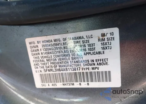 2010 Honda Odyssey Ex-L from USA, damaged, VIN 5FNRL3H64AB113817